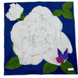 Hanae Mori Blue White Floral Butterfly Cotton Handkerchief 16.5” Square Hanky